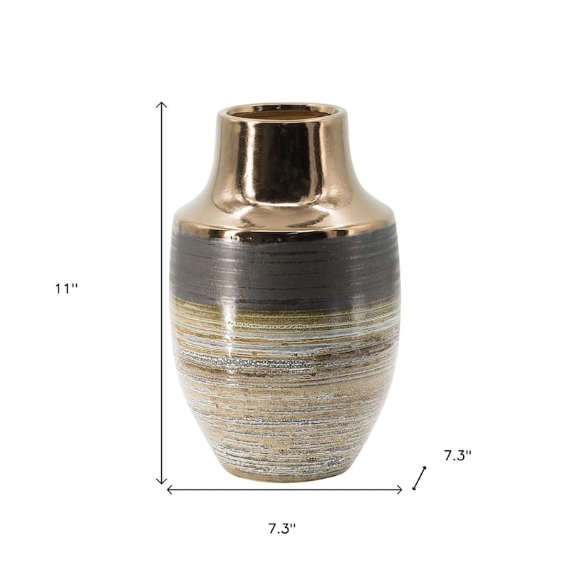 11" Brown And Bronze Striped Ceramic Round Table Vase - 7.30