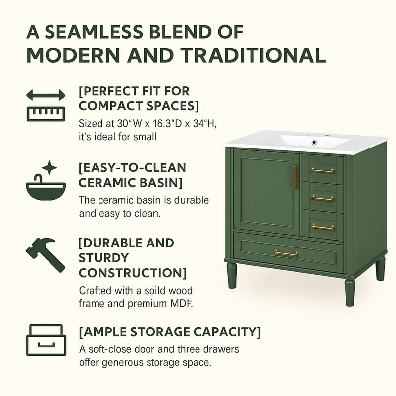 30" Ceramic Sink Bathroom Vanity with Gold Handles, Soft-Close Storage & Space-Saving Design