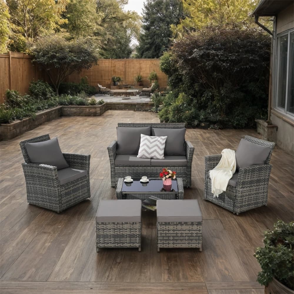 6 PCS Wicker Patio Furniture Sets with Ottoman & Tempered Glass Table - N/A