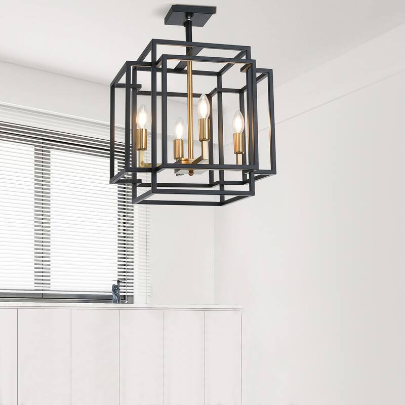Industrial Black 4-Light Rectangle Iron Frame Semi Flush Mount Lamp