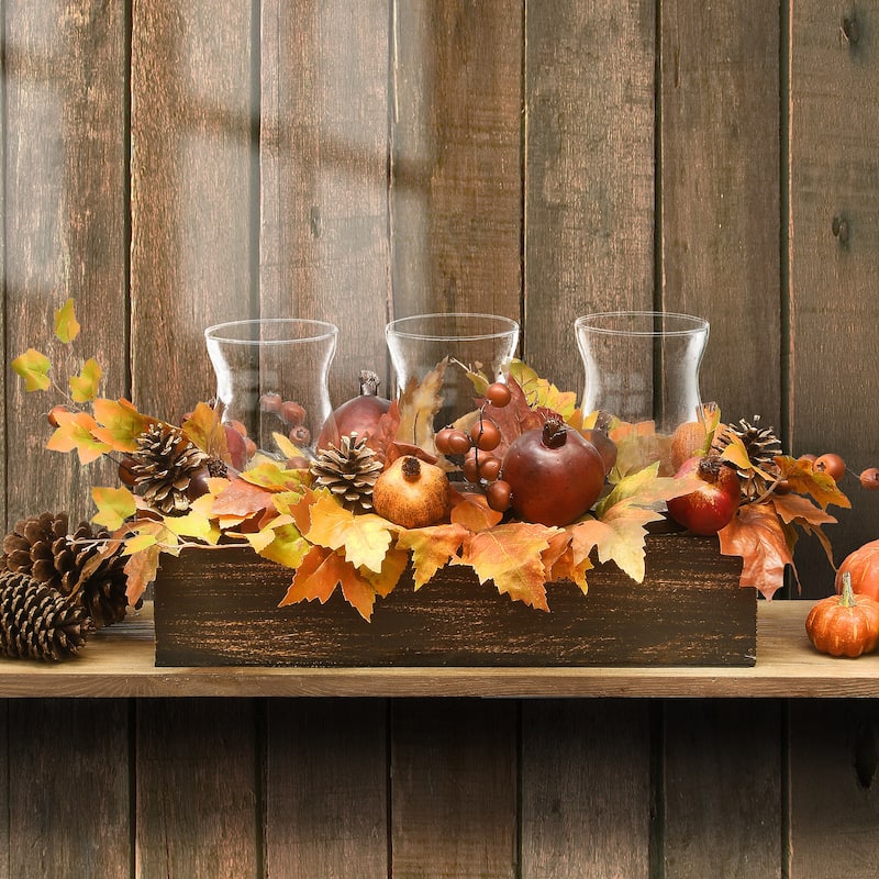 National Tree Company Artificial Autumn Centerpiece with Maple Leaves, Pomegranates, Pine Cones, Holds Three Candles, 24 Inches