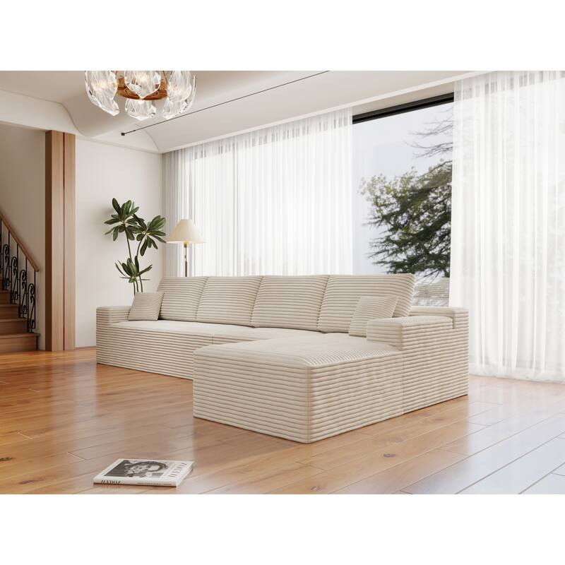Roomfitters 131.9" Modular Sectional Sofa, 4-Piece Compressed Cloud Couch, No Assembly Required, Plush Corduroy, White
