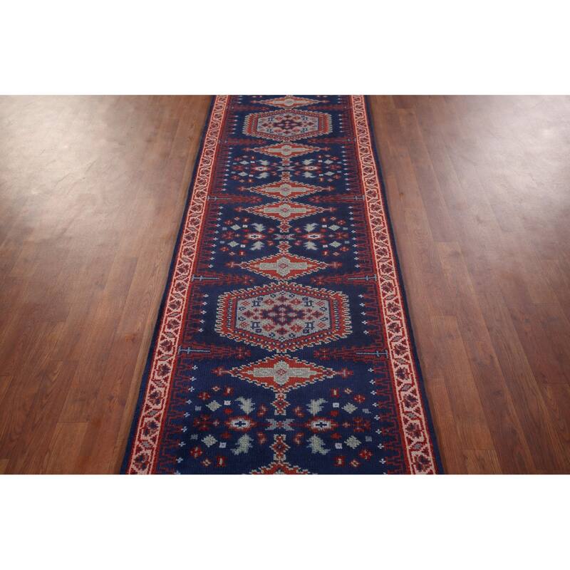Blue Geometric Viss Oriental Runner Rug Handmade Wool Carpet - 2'7"x 11'10"