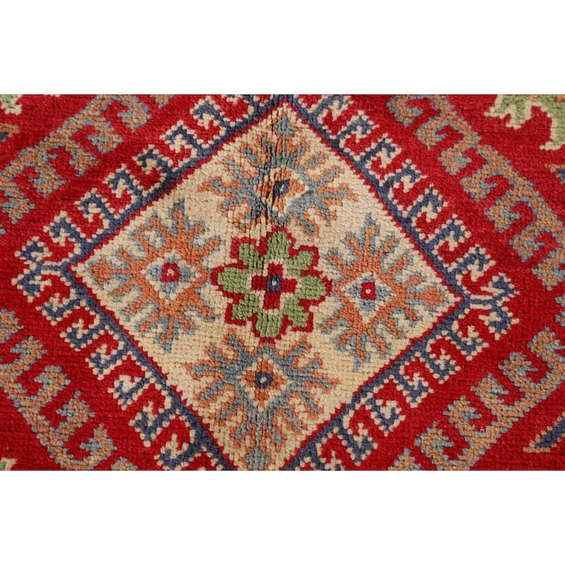 Red Geometric Kazak Foyer Rug Handmade Wool Carpet - 3'4"x 5'0"