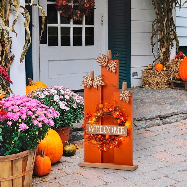Glitzhome Fall Lighted Wooden Welcome Porch Decor w/Wreath - On