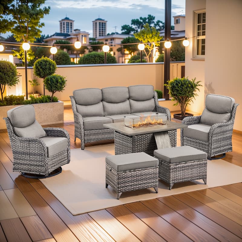 Pocassy 6 Pieces Outdoor 6 Inch Sofa Swivel Chair Ottoman with Fire Table - Gray cushion - Gray Wicker