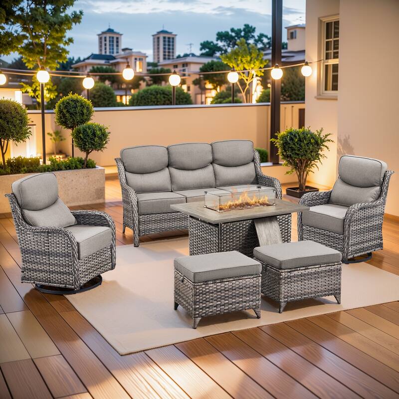 Pocassy Outdoor 6 Inch Sofa Glider Chairs Ottoman with Fire Table Set - Grey Wicker Gray Cushion - 6 Pieces Sofa Chair Ottoman with Fire Table
