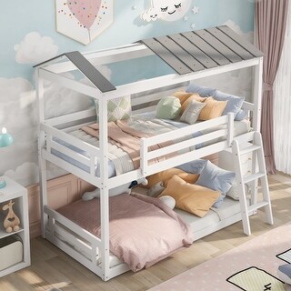 Modern Twin over Twin House Roof Bunk Bed with Convertible Ladder - Bed ...