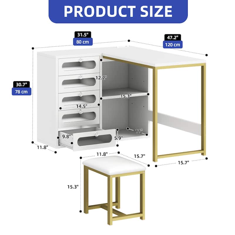 L Shaped Nail Desk with Stool RGB Lights USB Outlets and Drawers for Home or Studio