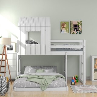 Twin Over Full Size Bunk Bed, Loft Bed with Playhouse & Ladder Upholstered Bed and Guardrails Wooden Houses Bed