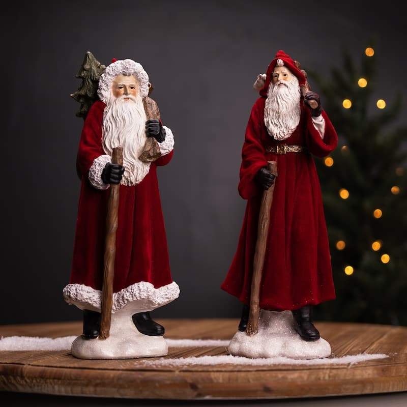 Set of 2 Standing Santa with Hood and Staff Christmas Figurines 12"