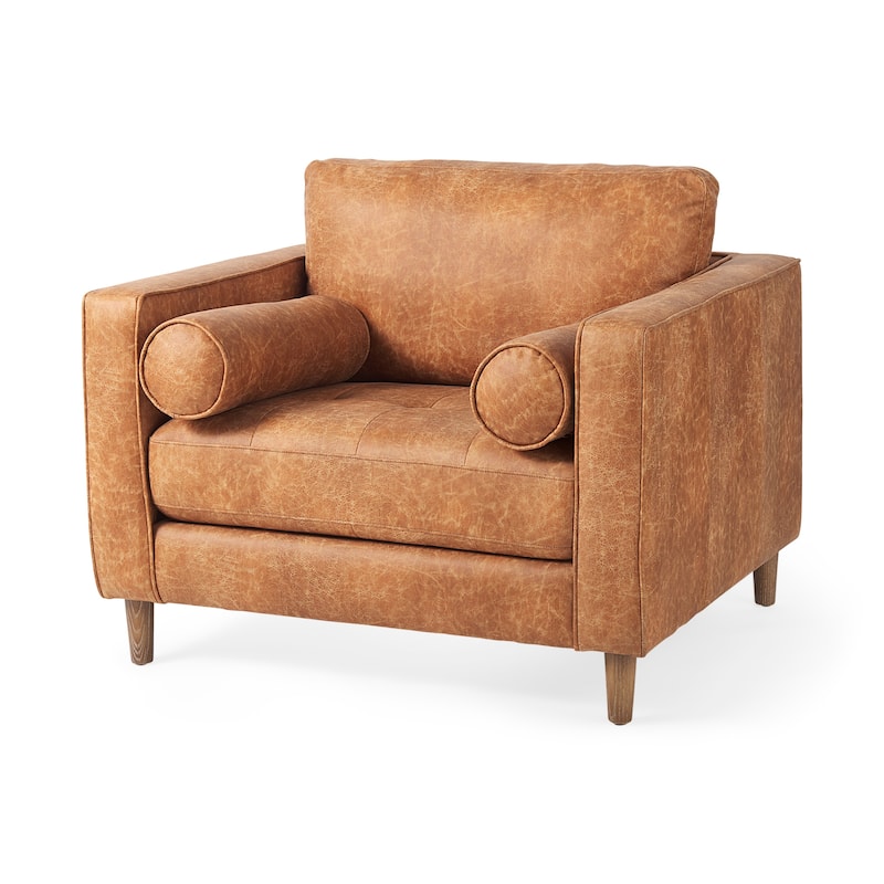 Loretta Cognac Brown Faux Leather w/ Medium Brown Solid Wood Frame Accent Chair - 40.7"W x 36.2"D x 33.8"H - 40.7"W x 36.2"D x 33.8"H - Cognac Brown