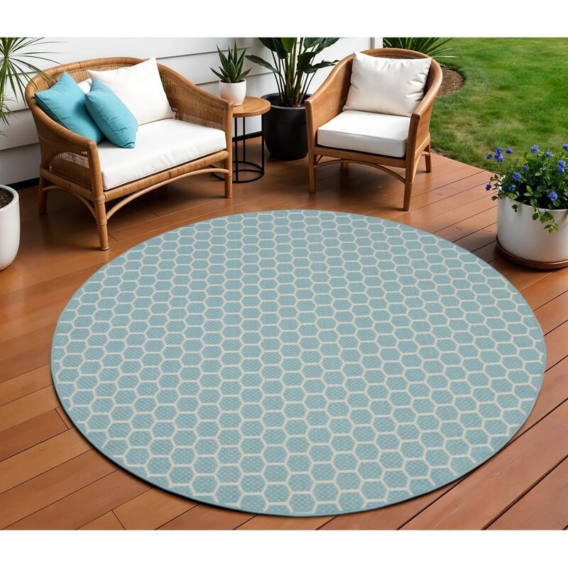 HomeRoots Geometric Modern Rectangle Outdoor Rug - 8' Round - Blue/Ivory - 8' Round
