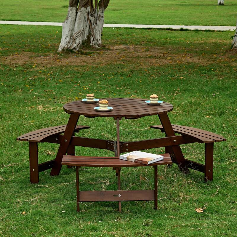 Outdoor Wood Picnic Table and Bench Set, 6 Person Round Dining Table with 3 Built In Benches and Umbrella Hole
