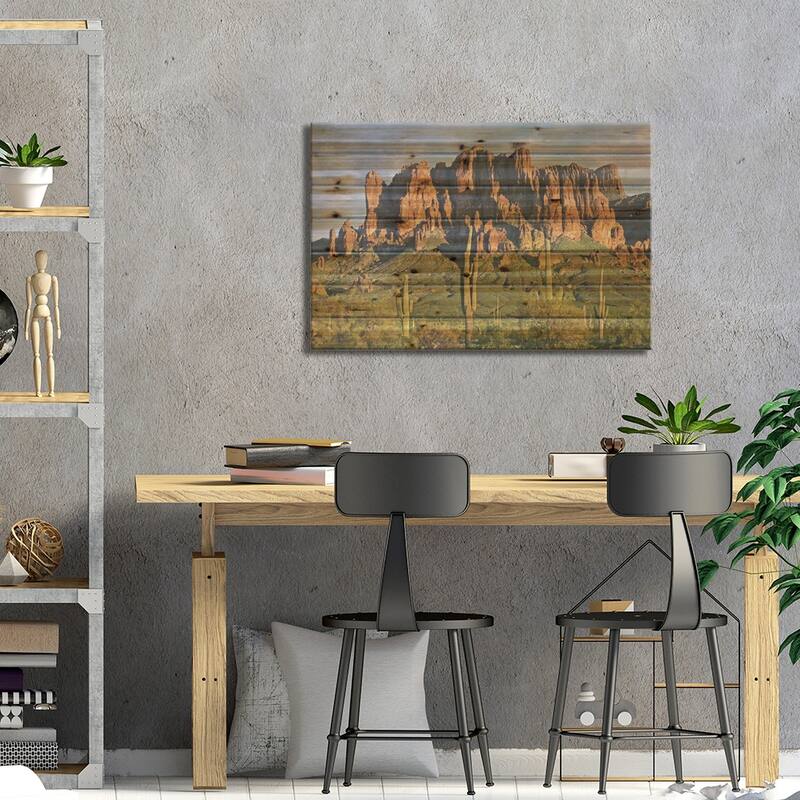 Saguaro Cacti And Superstition Mountains, Lost Dutchman State Park, Arizona II Print On Wood by Tim Fitzharris - Multi-Color