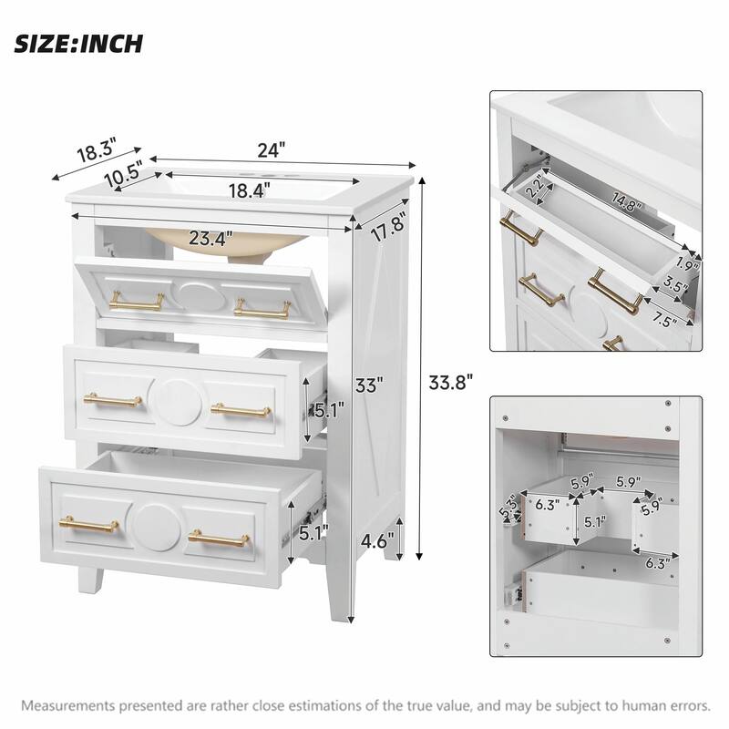24" Bathroom Vanity with Ceramic Sink Combo, Free-Standing Single Vanity Set with 3 Drawers