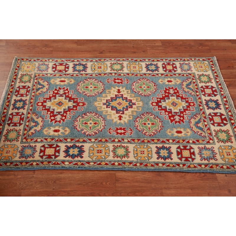Light Blue Traditional Kazak Foyer Rug Hand-Knotted Wool Carpet - 2'7"x 3'11"