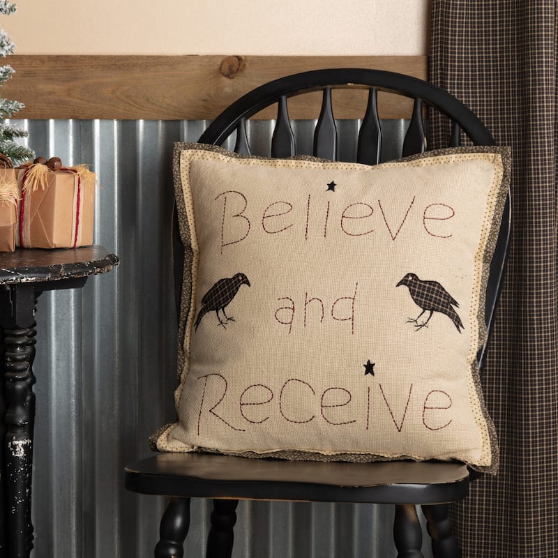Kettle Grove Believe and Receive Pillow 18x18 - Accent - Pillow 18x18 - Polyester - Vintage Tan/Country Black/Burgundy