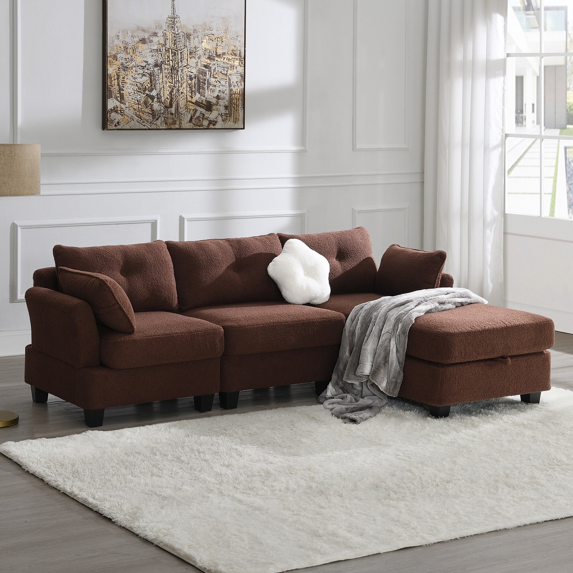 Brown Teddy Fabric Sectional Sofa Sets L shaped Sectional with Storage Ottoman and Pillows for Living Room Chaise Lounge