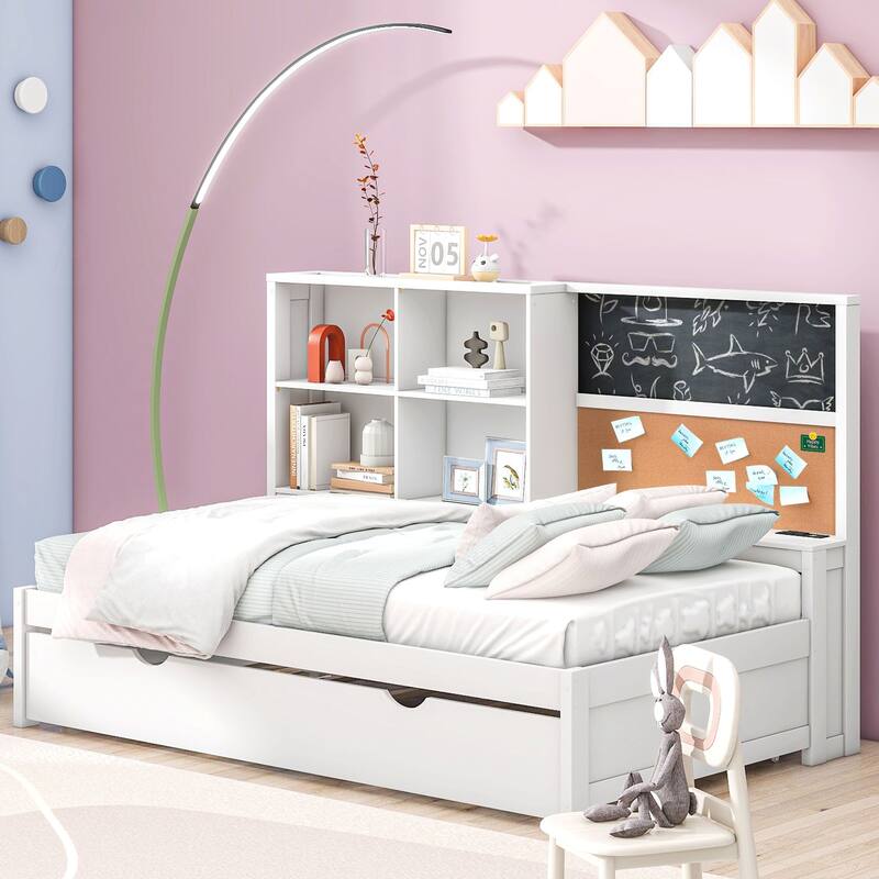 Full Size Wood Daybed with Storage Shelves, Blackboard, Cork Board, USB Charging Ports, and Trundle