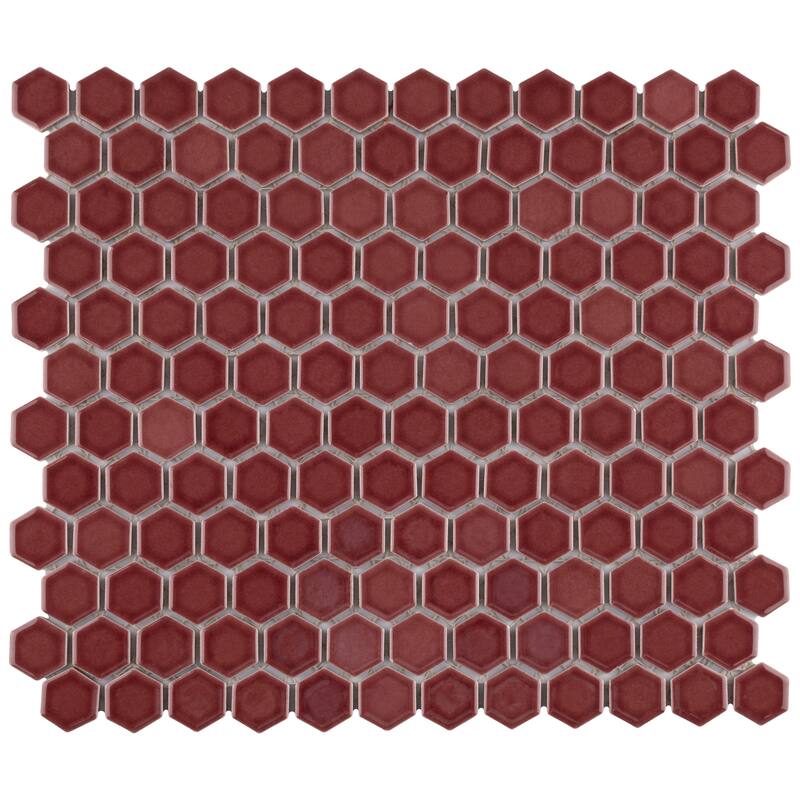 Merola Tile Tribeca 1" Hex Glossy Rusty Red 10-1/4" x 11-7/8" Porcelain Mosaic Floor and Wall Tile