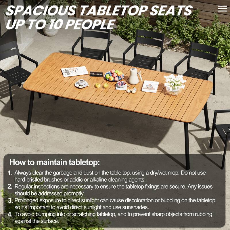 9-Piece Outdoor Rectangular Dining Table Set with Umbrella Hole and Stackable Armchairs