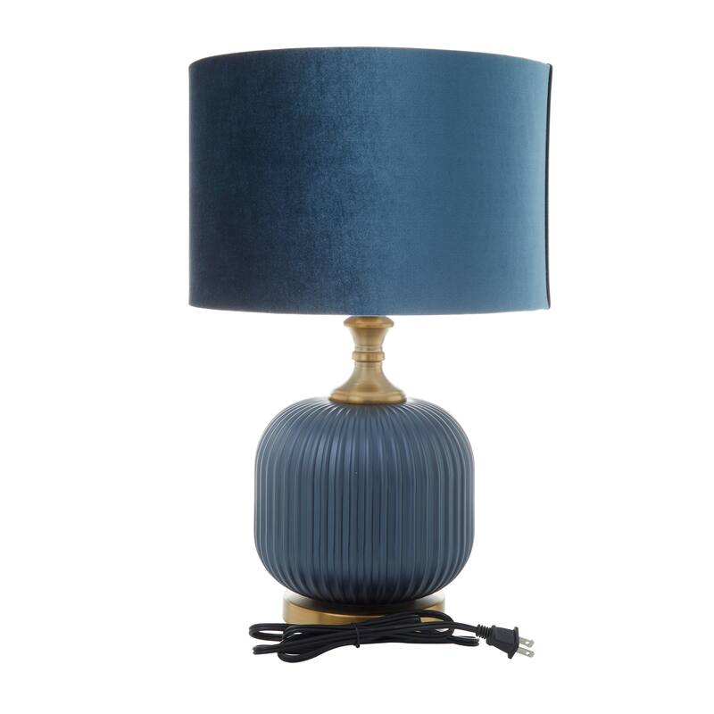 Blue Fabric Ribbed Table Lamp with Velvet Shade and Gold Accents