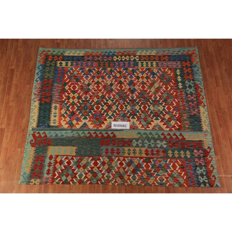 Kilim Oriental Area Rug Hand-Woven Geometric Wool Carpet - 8'3"x 9'8"