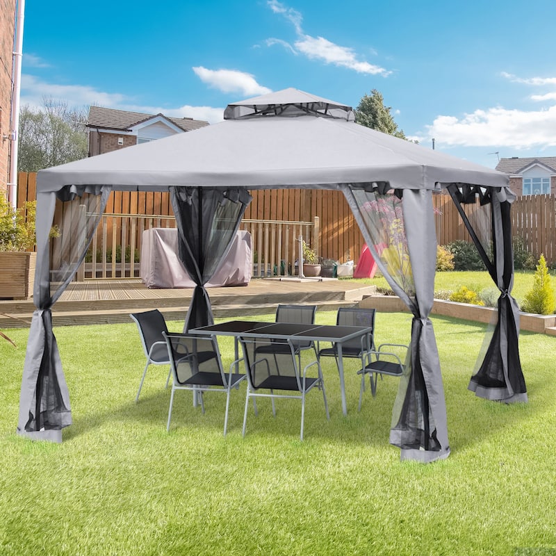 9.6' x 9.6' Outdoor Patio Gazebo with 2-Tier Roof, Netting, and Steel Frame for Garden, Lawn, and Deck