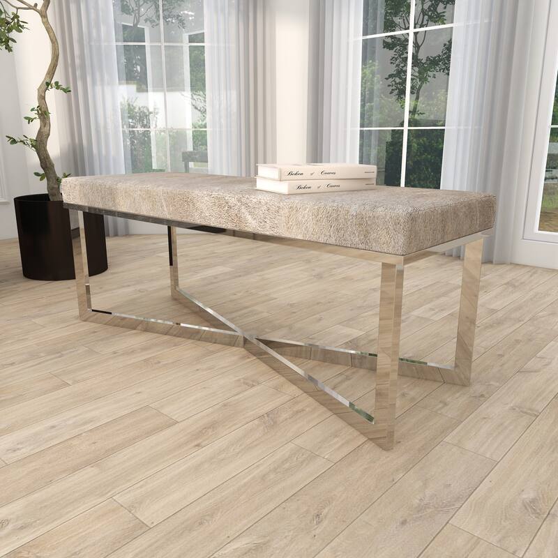 Gray Leather Handmade Cowhide Bench with Silver Metal Base