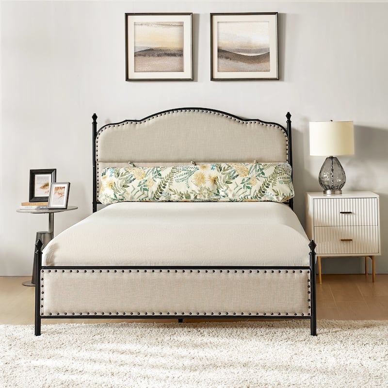 Eulalia Transitional Upholstered Platform Metal Bed Frame Four Poster Bed with High Headboard&Pillow