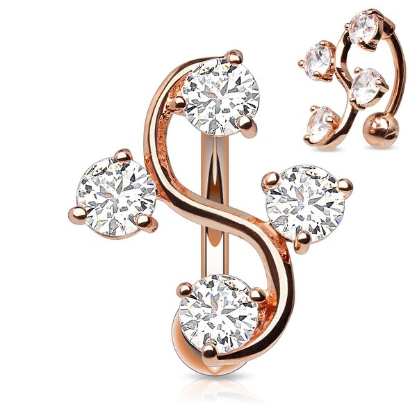 {Clear} Four CZ Vine Top Down Rose Gold Plated Navel Ring