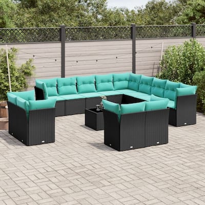 vidaXL 14 Piece Patio Sofa Set with Cushions Black Poly Rattan - 200.8x27.2x200.8