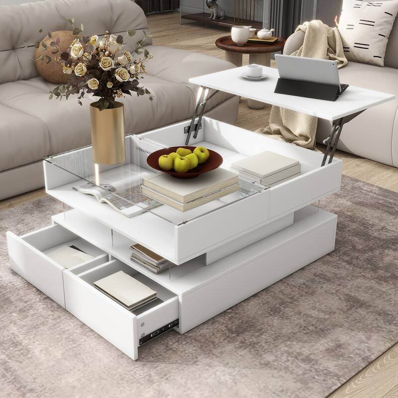 Lift-Top Coffee Table with 2 Drawers, Modern Square Coffee Table with Glass Top and High-Gloss Finish - White