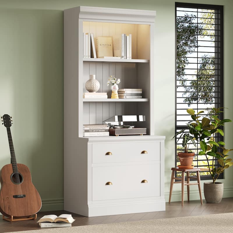 83" Tall Solid Wood Bookcase with Drawers & LED Lights, Freestanding Storage Cabinet with Display Shelf - White
