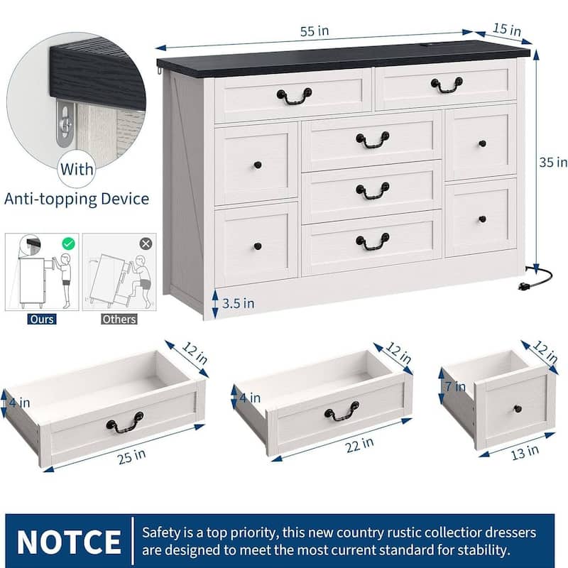 Farmhouse 9 Drawer Dresser with Charging Station for Living Room, Bedroom