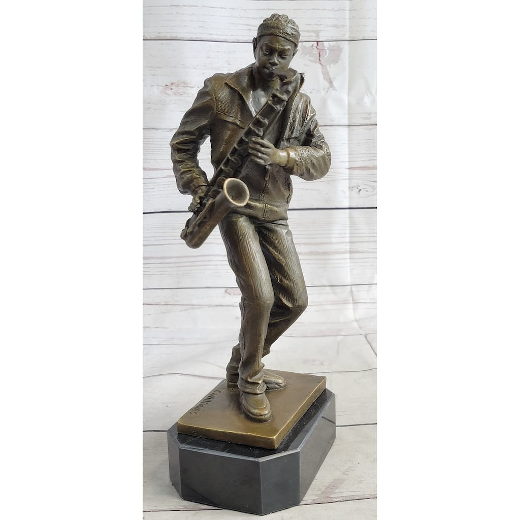 Hand Made African American Black Saxophone Player Musician Bronze Sculpture Statue