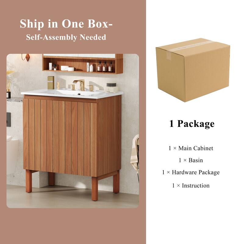30" Natural Wood Bathroom Vanity with Integrated Sink, 45-Degree Handle-Free Doors, Large Storage & Soft-Close Hinges