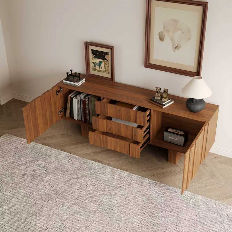 71" Mid Century Wood TV Stands, Brown Media Console with 3 Drawers and 2 Cabinets