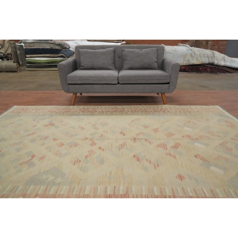 Hand Woven Oriental 100% Wool Carpet Southwestern Tribal Beige & Ivories Kilim Area Rug - 9' 8'' X 6' 8''