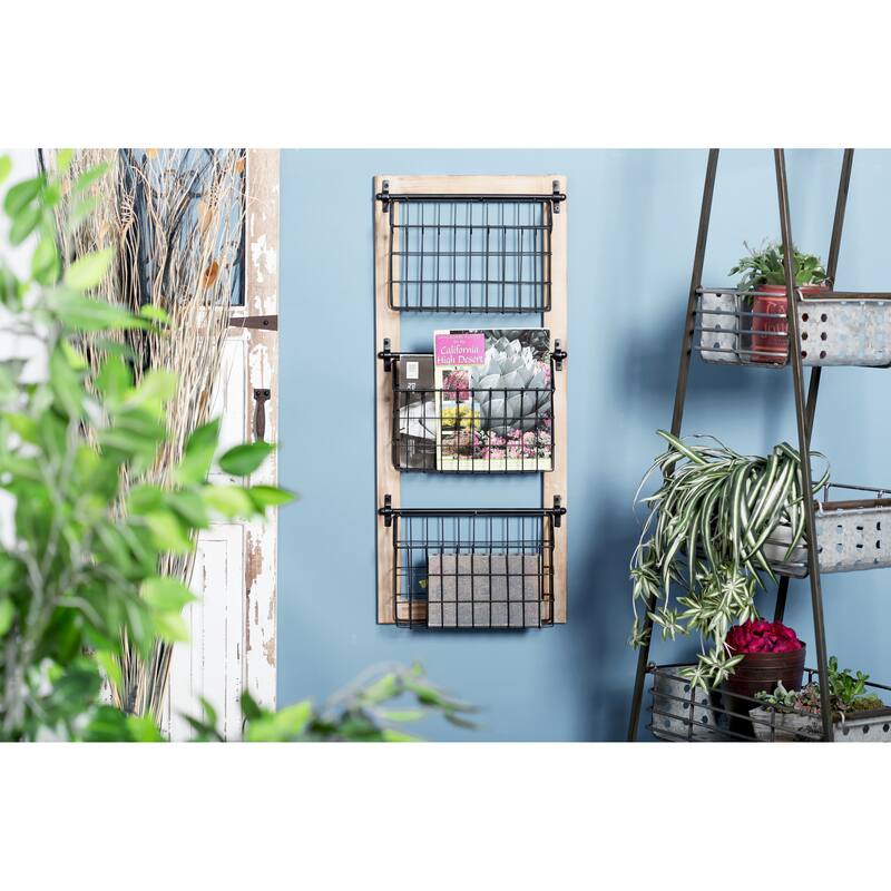 Black Metal 3 or 2 Slot Magazine Rack Holder with Wood Frame and Suspended Wire Baskets