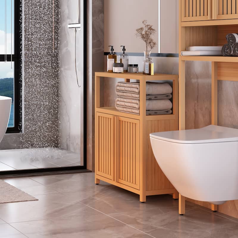 32" Tall Wood 2-door Bathroom Cabinet in Neutral with Interior Shelf