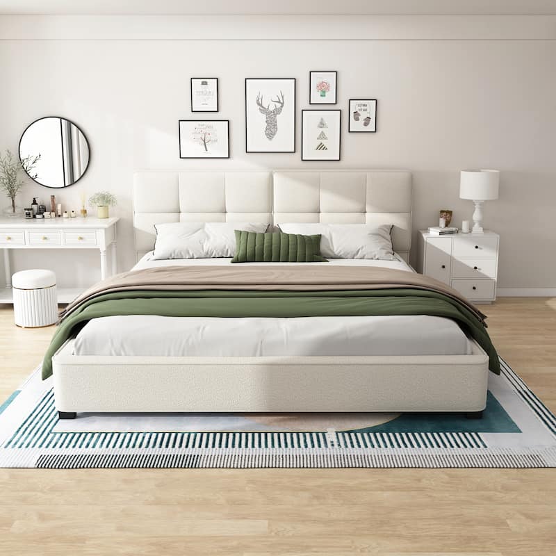 King Size Upholstered Platform Bed with Curved Tufted Headboard