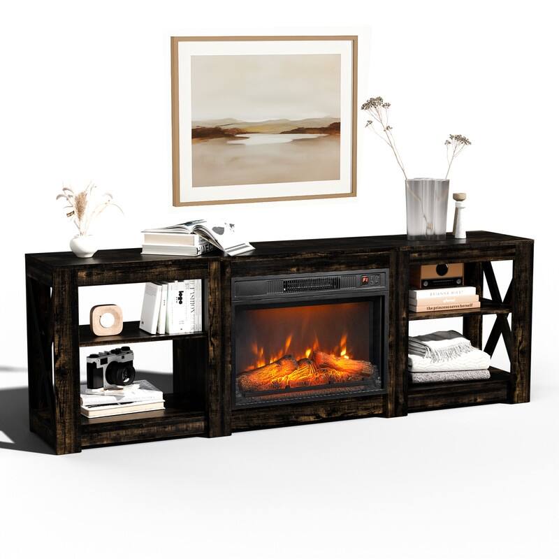 Farmhouse 70'' TV Stand For Tvs Up To 70'' With 23'' Electric Fireplace and Adjustable Shelves