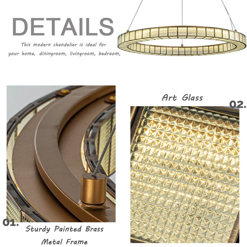 32'' Modern Halo Round Art Glass Integrated Led Chandelier Brass Art Deco Led Ceiling Light For Dining Room Living Room - W32''