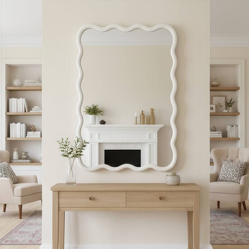 Wavy Rectangle Solid Wood Frame Decorative Mirror - White