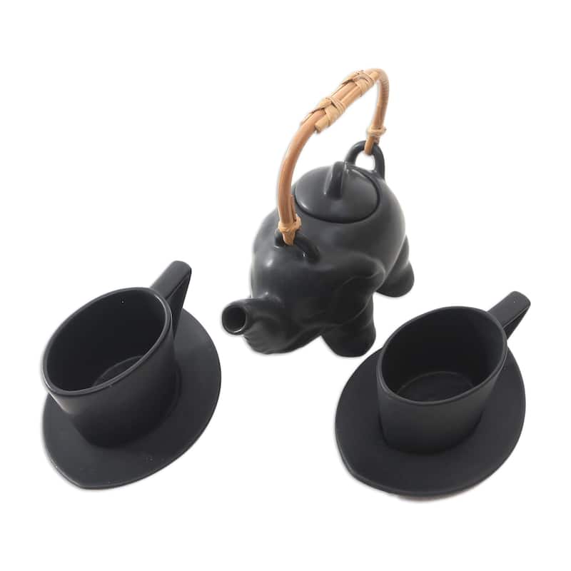 Novica Handmade Tea With Elephants Ceramic Tea Set For Two (5 Pcs)