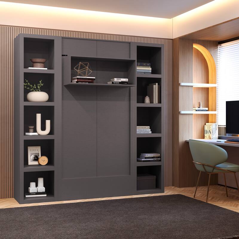 Easy-Lift Twin Murphy Wall Bed with Two Bookshelves