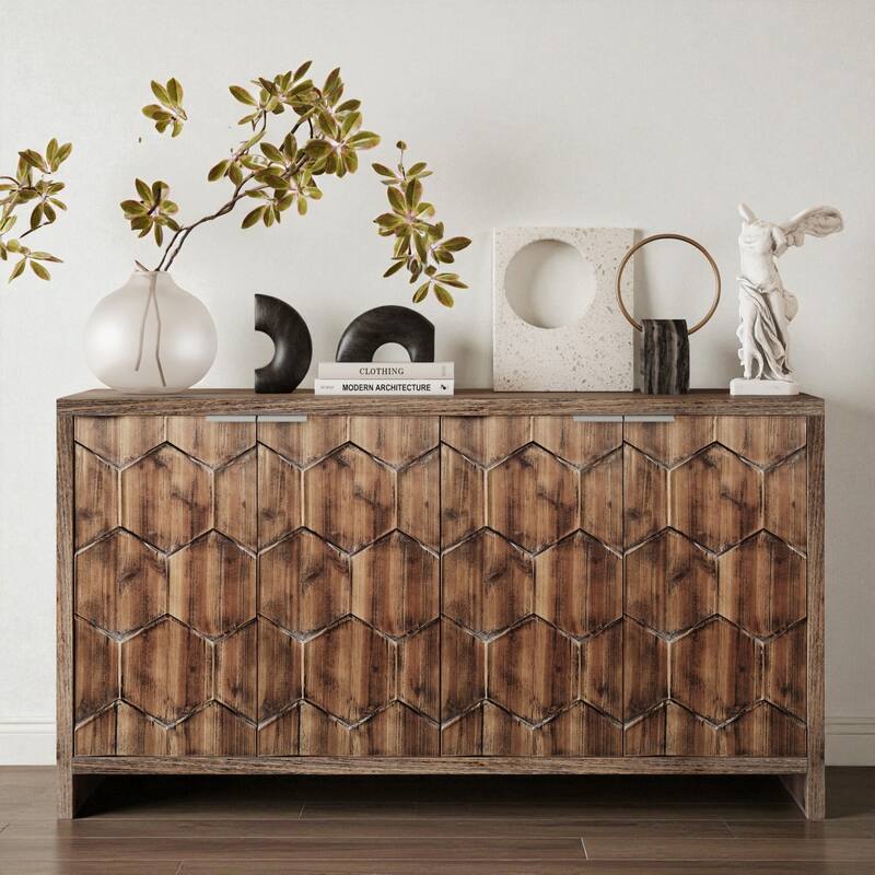 Farmhouse 4-Door Wooden Sideboard Buffet Cabinet with Adjustable Shelves, Brown Storage Cabinet for Dining Room