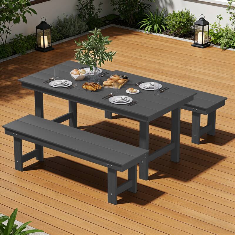 3-Piece HDPE Outdoor Dining Set with Umbrella Hole Table and Two 2-Person Benches